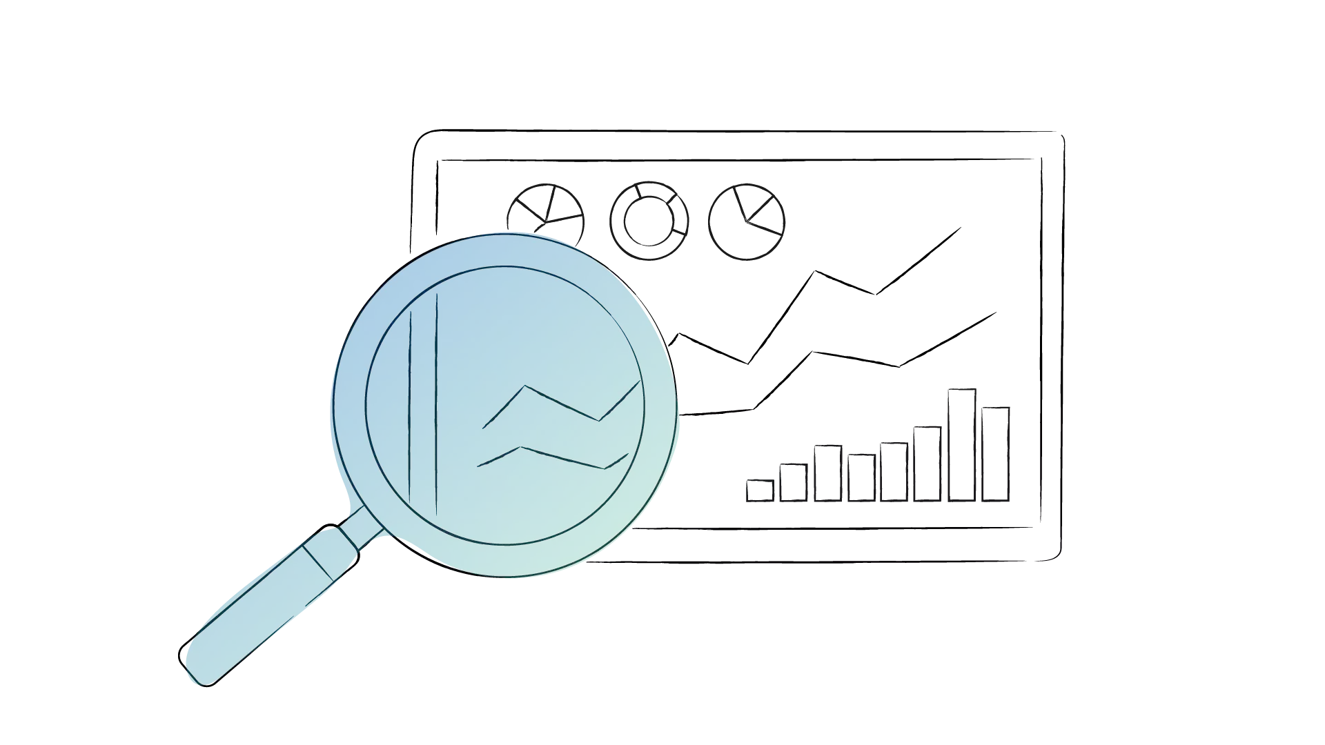 Magnifying glass on upwards charts